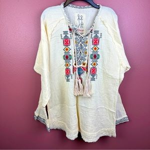 NEW Johnny Was Women Jonnie Gauze Blouse Embroidered Tie Cotton Tassels Yellow